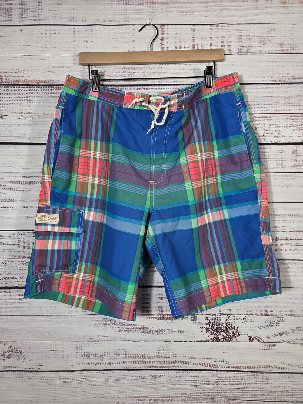 Chap's Men's Plaid Swim Trunks Board Shorts Blue Green Cargo Pocket Drawstring L